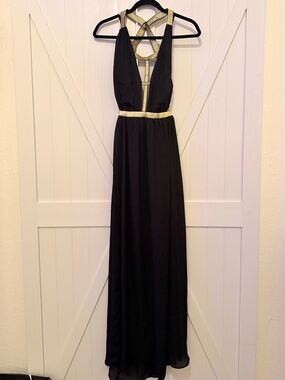 Miss Avenue Black Maxi Dress with Gold Trim and Strappy Back